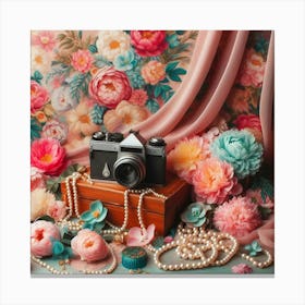 Vintage Camera With Flowers And Pearls Canvas Print