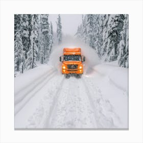 Orange Truck Driving Through Snowy Forest Canvas Print