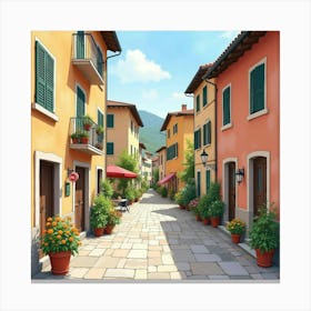 Cozy Italian Village Street In Watercolor, Adorned With Flower Pots And Charming Houses 1 Canvas Print