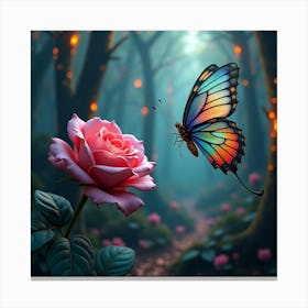 A Colorful Butterfly Fluttering Near A Giant Rose, In A Surreal Forest Of Glowing Trees Canvas Print