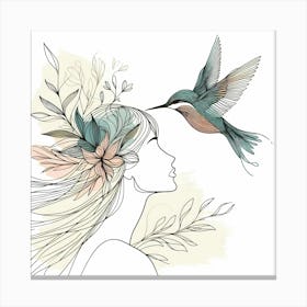 Beauty Side Sketch With Flowers And Hummingbird And Some Colors - Line Sketch Drawing Canvas Print