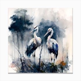 Pair Of Storks Watercolour & Ink Painting Canvas Print