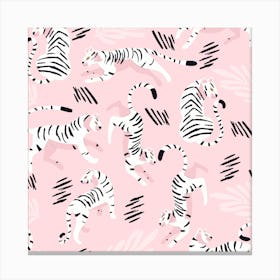 White Tiger Pattern On Pastel Pink Square Canvas Print