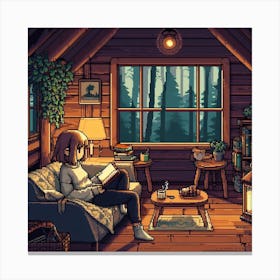 Pixel Art Cozy Cabin Reading Canvas Print