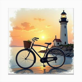 Elegant Bike By A Historical Lighthouse With A Sunset Watercolor 1 Canvas Print