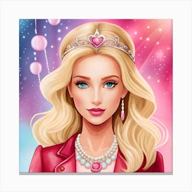 Barbie Princess, Pink Barbie Doll, Cartoon Illustration, Digital Art Print, Baby girl room decor Canvas Print