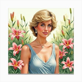 Beautiful Watercolor Portrait Of Princess Diana In A Garden Of Lilies 1 Canvas Print