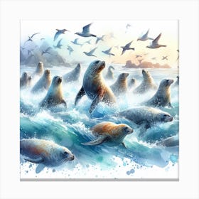 Sea Seals In Motion, Sea Seals Watercolour Art Print 3 Canvas Print