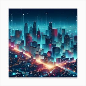 An Illustration Of A City At Night With Bright, Colorful Lights And A Modern Look Canvas Print