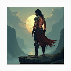 A Warrior Standing On A Cliff With Glowing Tattoos 1 Canvas Print