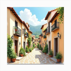 Rustic Watercolor Of A Charming Spanish Village With Narrow Streets Canvas Print