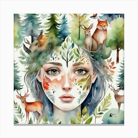 Watercolor Of A Girl In The Forest Canvas Print