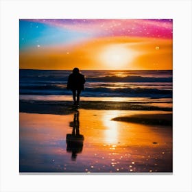 Person Walking On The Beach At Sunset Canvas Print