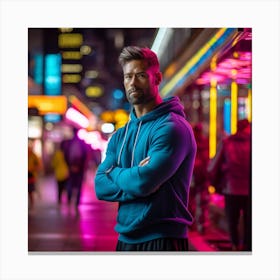 Young Man In A Blue Hoodie Standing In The City Canvas Print