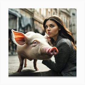 Portrait Of A Woman With A Pig Canvas Print