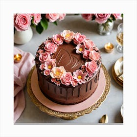 A Delicious Chocolate Cake Adorned With Buttercream Icing And Decorated With Intricate Pink Icing Fl 3665640375 Canvas Print