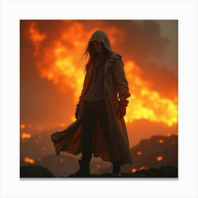 Woman Standing In Front Of A Fire Canvas Print