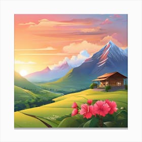 Landscape With House And Flowers Canvas Print