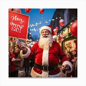 A Festive Christmas Scene With A Cheerful Man Dressed As Santa Claus Holding A Sign Fingers Pointin (4) Canvas Print