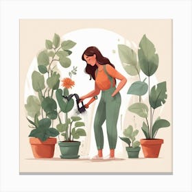 Woman Watering Plants Canvas Print