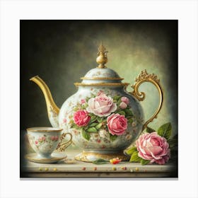 A very finely detailed Victorian style teapot with flowers, plants and roses in the center with a tea cup 15 Canvas Print