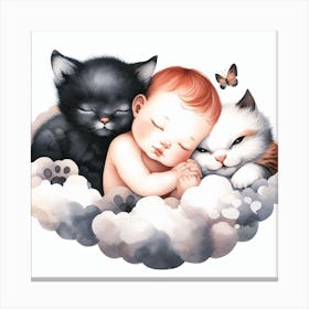 Baby Sleeping On Clouds With Cats Canvas Print