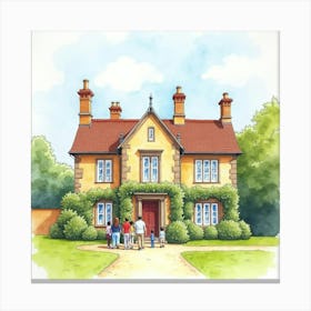 Watercolor Illustration Of An English Historic House With A Guided Tour Group 1 Canvas Print