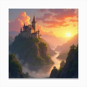 Mystical Watercolor Sunset Over Ancient Castle 1 Canvas Print