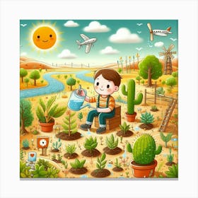 Boy Watering Plants In The Desert Canvas Print