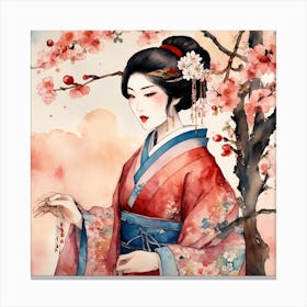 Japanese Botanical And Geisha Art Print Canvas Print