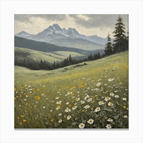 vintage oil painting of wild flowers in a meadow, mountains in the background 11 Canvas Print