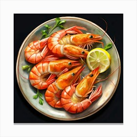 Plate Of Cooked Shrimp With Lemon And Parsley Canvas Print