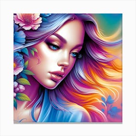 Colorful Girl With Flowers 6 Canvas Print