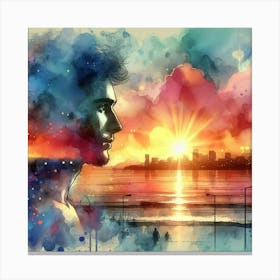 Watercolor Of A Man With Sunset Canvas Print