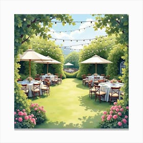 French Garden Party In Watercolor With String Lights And Festive Decorations 1 Canvas Print