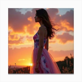 Gorgeous Woman In Watercolor Dress, Vibrant Sunset Sky 1 Canvas Print