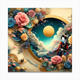 Geisha with Roses in Creative Landscape Canvas Print