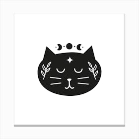 Black Boho Cat Character With Moon Leafy Branches Stars 1 Canvas Print