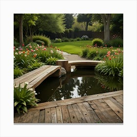 A Peaceful Garden With Blooming Flowers, A Small Pond, And A Wooden Bench Canvas Print