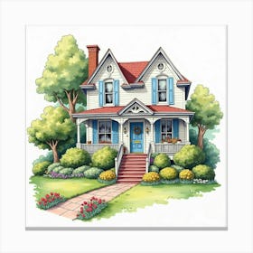 Charming Bed And Breakfast In Watercolor, With Inviting Rooms And Gardens Canvas Print