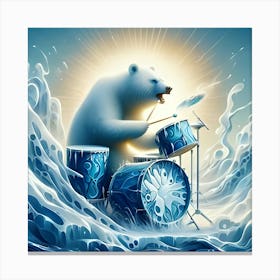 A Booming Bear Playing A Drum Set Made Of Ice, Inspired By The Organic And Biomorphic Forms Of Jean Arp, With A Frozen Blue And White Palette, Where The Drum Set Is In Focus And The Surrounding Landscape 2 Canvas Print