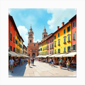 Vibrant Watercolor Of A Bustling Italian Piazza, With Colorful Market Stalls And Lively Activity 1 Canvas Print