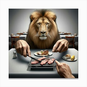 The lion eats steak on a table Canvas Print