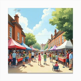 A Lively English Street Fair With Games, Food, And Families Having Fun, Watercolor 1 Canvas Print