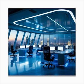 Corporate Office Interior With Sleek High Tech Workstations Utilizing Cyber Intelligence Technology (1) 2 Canvas Print