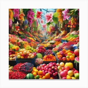 A vibrant and bustling market filled with colorful fruits and flowers.4 Canvas Print