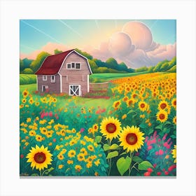 Farm Garden With Sunflowers Art Print 3 Canvas Print