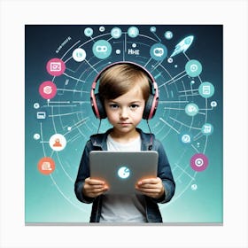 Young Boy With Headphones And Tablet Canvas Print