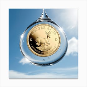 A Highly Detailed And Realistic Image Of A Single Kruger Rand Coin Suspended Within A Large, Transparent Raindrop Hovering In The Air Against A Bright Blue Sky With A Few Wispy White Clouds 4 Canvas Print