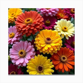 A Vibrant Collection Of Blooming Zinnias In Bright, Cheerful Colors Canvas Print